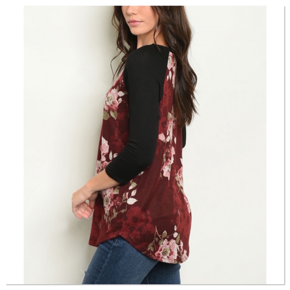 Wine & Black Fall Floral Baseball Tee - Picture 3 of 3
